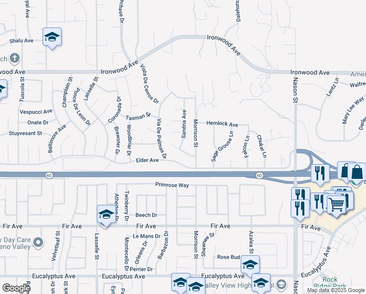 map of restaurants, bars, coffee shops, grocery stores, and more near 26430 Helene Drive in Moreno Valley