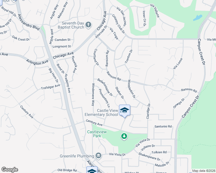 map of restaurants, bars, coffee shops, grocery stores, and more near 1501 Bellefontaine Drive in Riverside