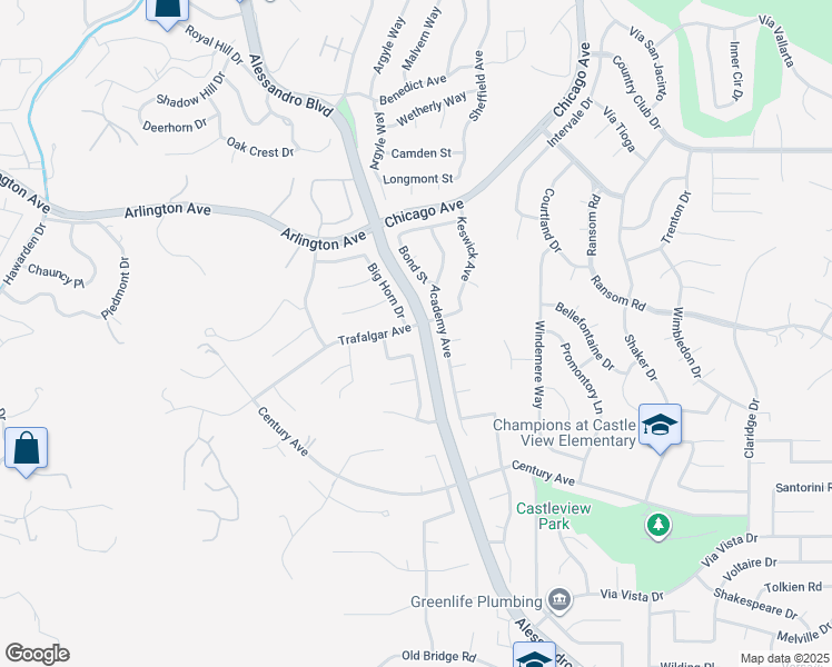 map of restaurants, bars, coffee shops, grocery stores, and more near 2122 Trafalgar Avenue in Riverside