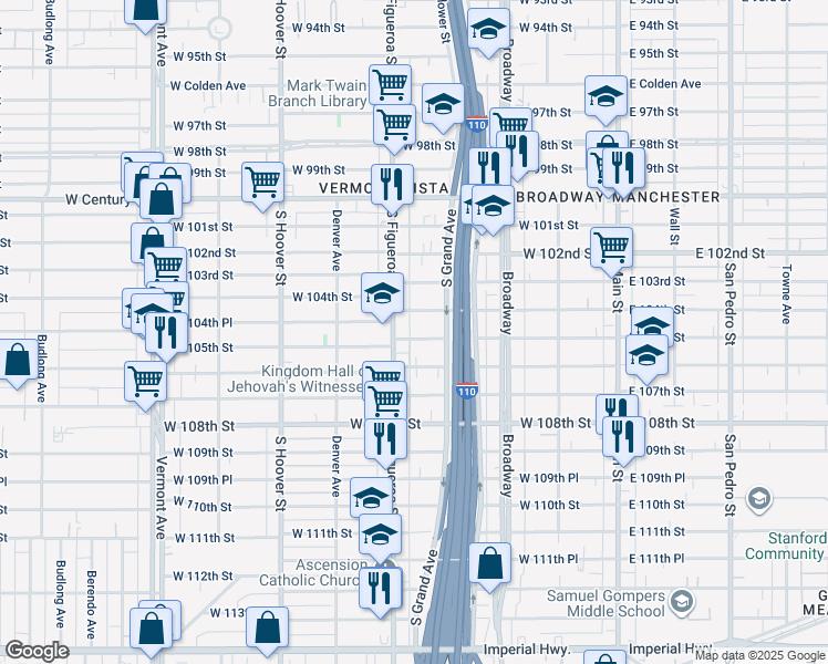 map of restaurants, bars, coffee shops, grocery stores, and more near 441 West 105th Street in Los Angeles