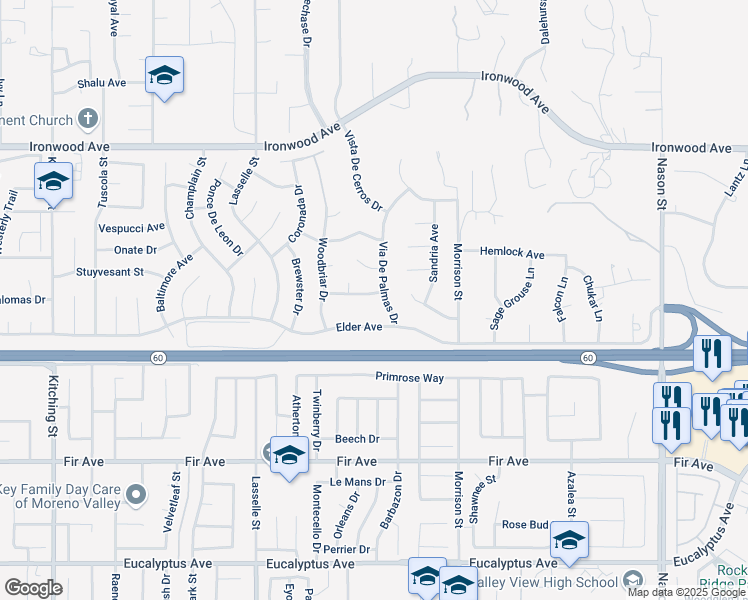 map of restaurants, bars, coffee shops, grocery stores, and more near 26297 Leafwood Drive in Moreno Valley