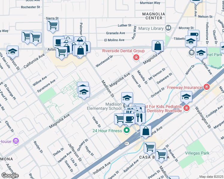 map of restaurants, bars, coffee shops, grocery stores, and more near 7490 Magnolia Avenue in Riverside