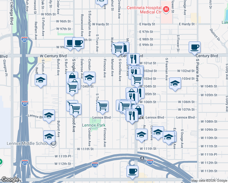 map of restaurants, bars, coffee shops, grocery stores, and more near 10418 Mansel Avenue in Inglewood