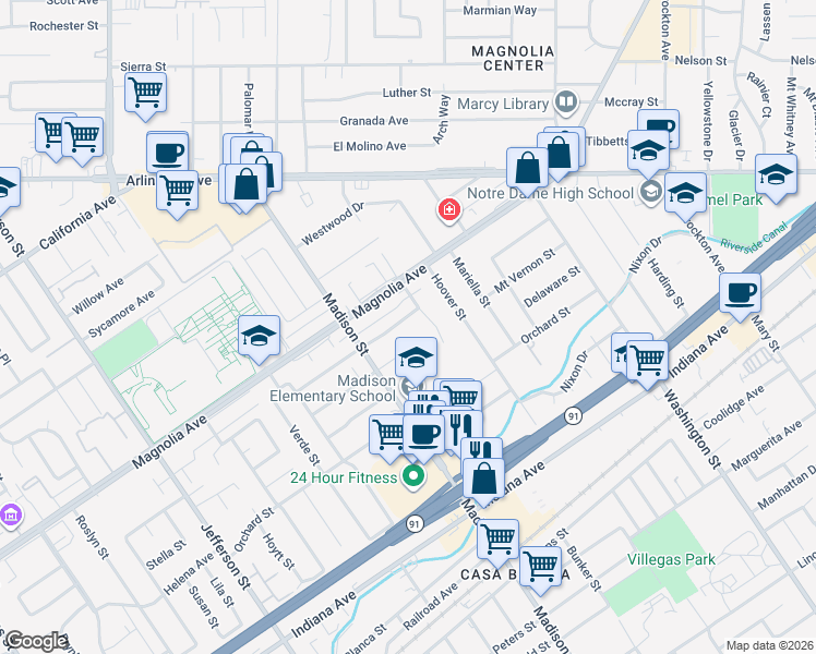 map of restaurants, bars, coffee shops, grocery stores, and more near 7416 Potomac Street in Riverside