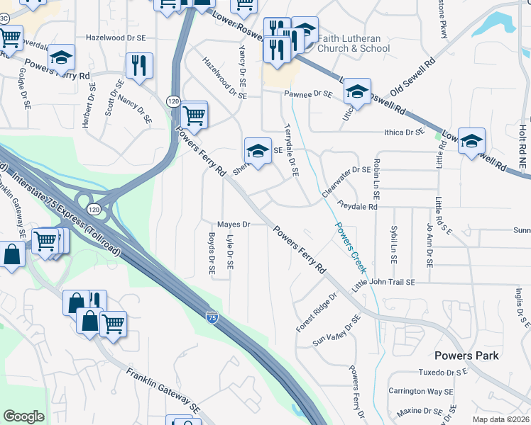 map of restaurants, bars, coffee shops, grocery stores, and more near 2034 Heartwood Road Southeast in Marietta