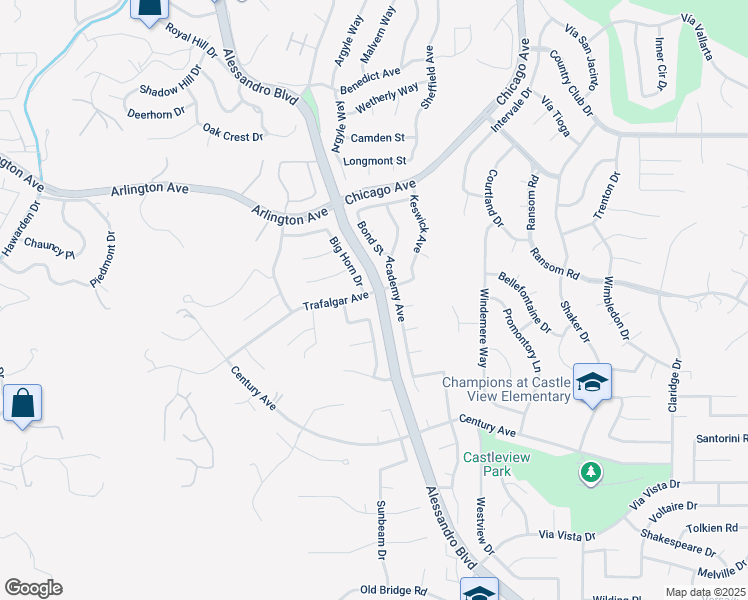 map of restaurants, bars, coffee shops, grocery stores, and more near 2122 Trafalgar Avenue in Riverside