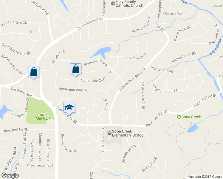 map of restaurants, bars, coffee shops, grocery stores, and more near 425 Somerset Lane Southeast in Marietta
