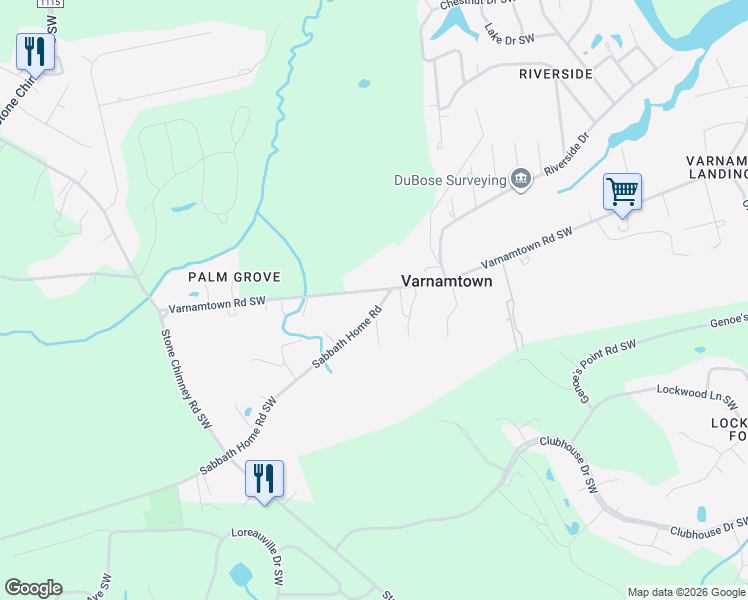 map of restaurants, bars, coffee shops, grocery stores, and more near 300 Sabbath Home Road in Varnamtown