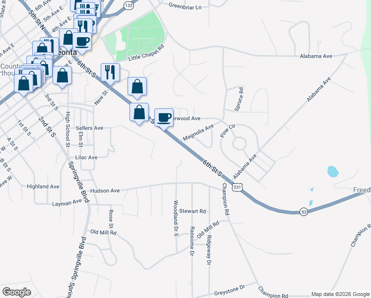 map of restaurants, bars, coffee shops, grocery stores, and more near 415 6th Street South in Oneonta