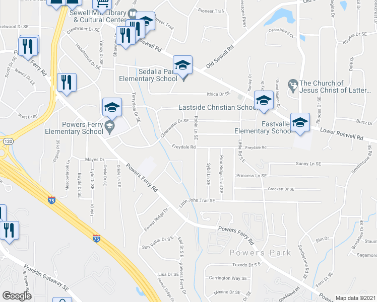 map of restaurants, bars, coffee shops, grocery stores, and more near 2248 Freydale Road in Marietta