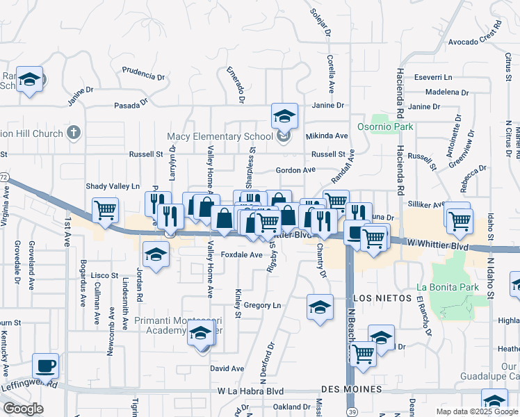 map of restaurants, bars, coffee shops, grocery stores, and more near 1321 Koopmans Way in La Habra