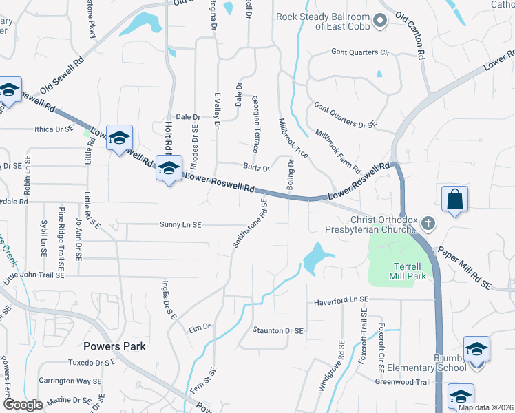 map of restaurants, bars, coffee shops, grocery stores, and more near 2747 Sunny Lane Southeast in Marietta