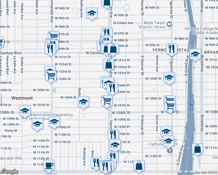 map of restaurants, bars, coffee shops, grocery stores, and more near S Vermont Ave & W 105th St in Los Angeles