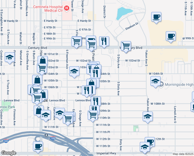 map of restaurants, bars, coffee shops, grocery stores, and more near 10503 Prairie Avenue in Inglewood