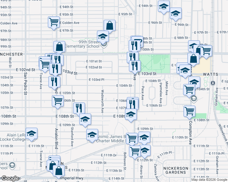 map of restaurants, bars, coffee shops, grocery stores, and more near 947 East 106th Street in Los Angeles