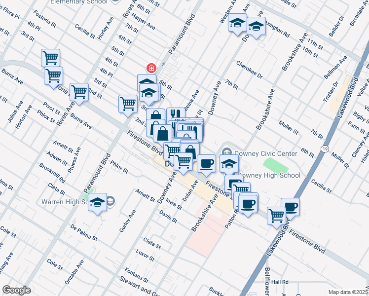 map of restaurants, bars, coffee shops, grocery stores, and more near 11018 Downey Avenue in Downey