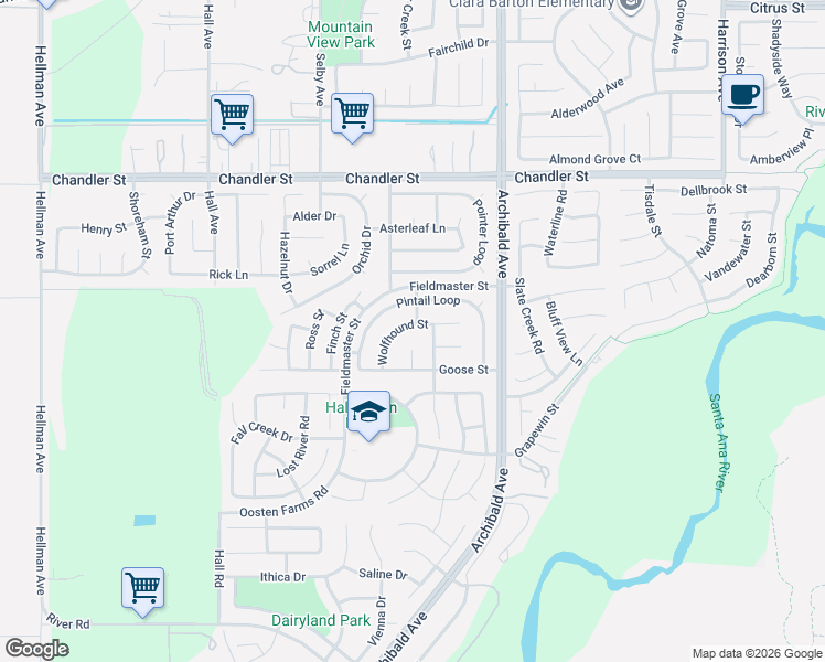 map of restaurants, bars, coffee shops, grocery stores, and more near 14333 Wolfhound Street in Eastvale