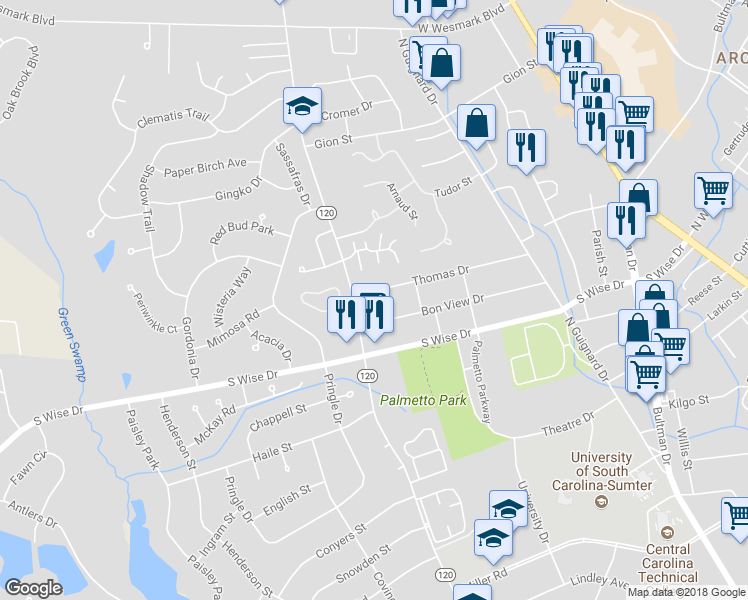map of restaurants, bars, coffee shops, grocery stores, and more near 214 Thomas Drive in Sumter