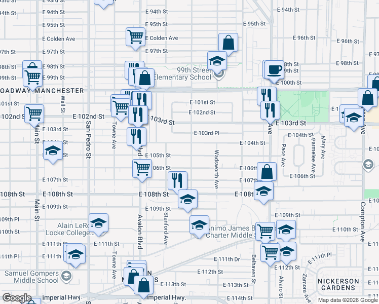map of restaurants, bars, coffee shops, grocery stores, and more near 759 East 105th Street in Los Angeles