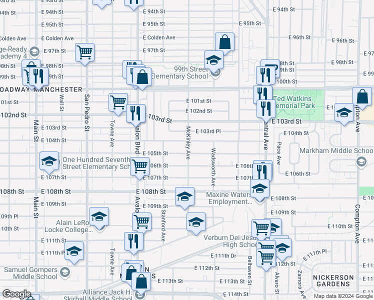 map of restaurants, bars, coffee shops, grocery stores, and more near 759 East 105th Street in Los Angeles