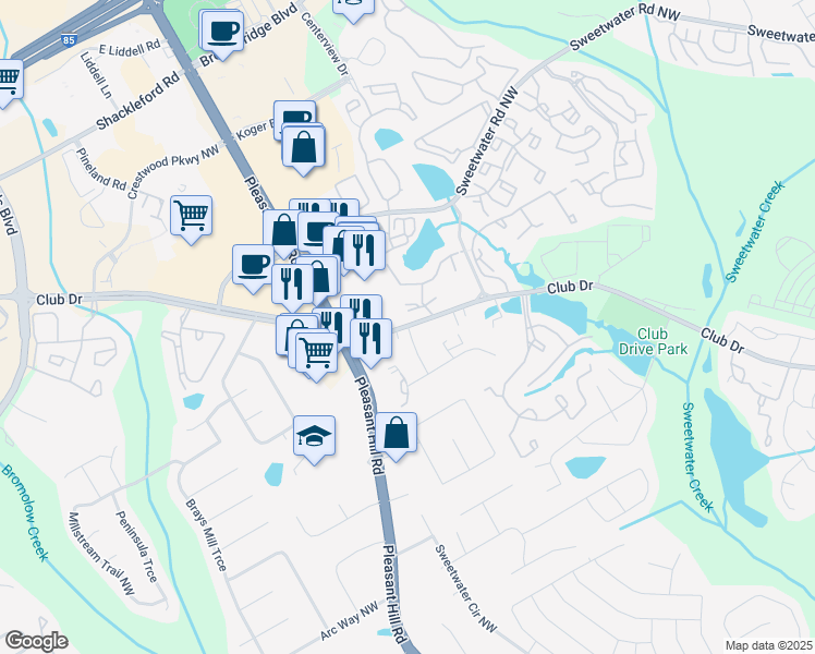map of restaurants, bars, coffee shops, grocery stores, and more near 3541 Club Drive in Lawrenceville