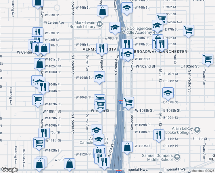 map of restaurants, bars, coffee shops, grocery stores, and more near 441 West 105th Street in Los Angeles