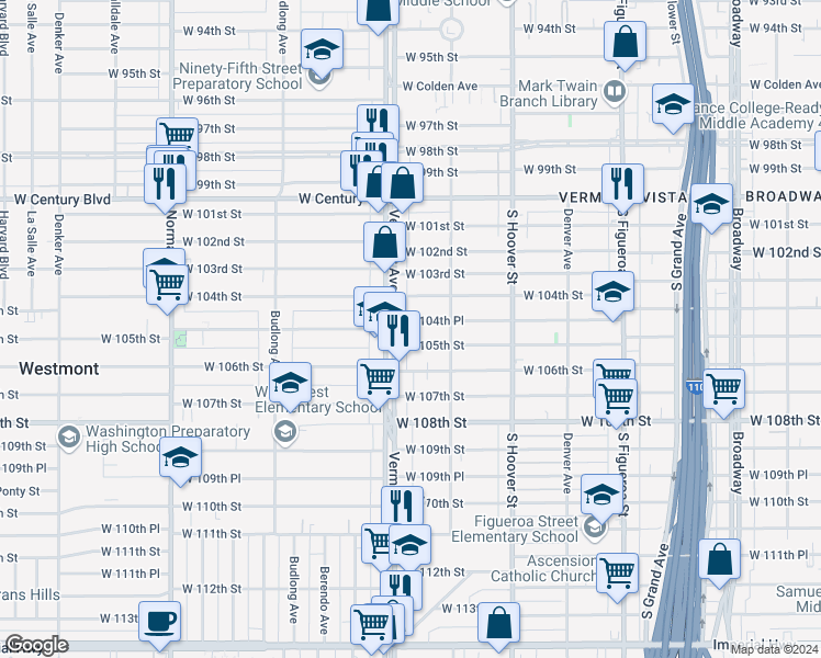 map of restaurants, bars, coffee shops, grocery stores, and more near 842 West 104th Place in Los Angeles