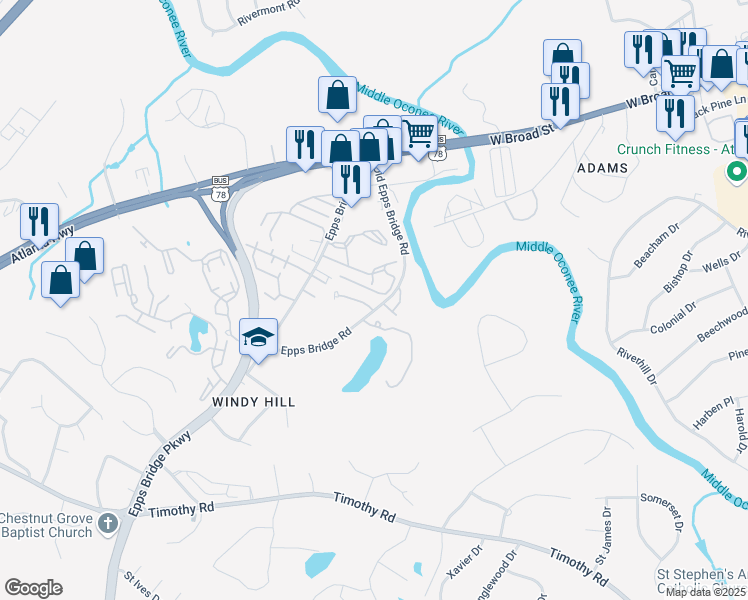 map of restaurants, bars, coffee shops, grocery stores, and more near 106 Tamara Court in Athens