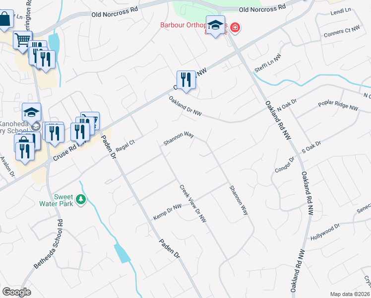 map of restaurants, bars, coffee shops, grocery stores, and more near 737 O'Hara Court in Lawrenceville