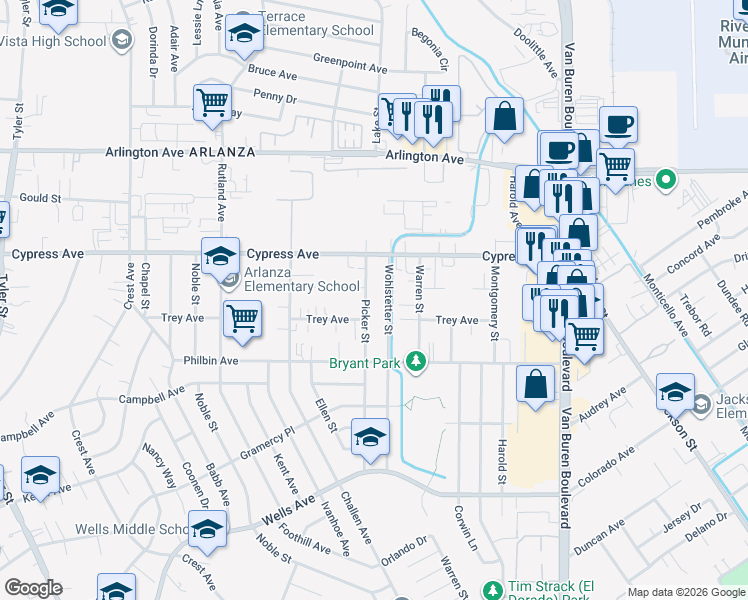map of restaurants, bars, coffee shops, grocery stores, and more near 5930 Wohlstetter Street in Riverside