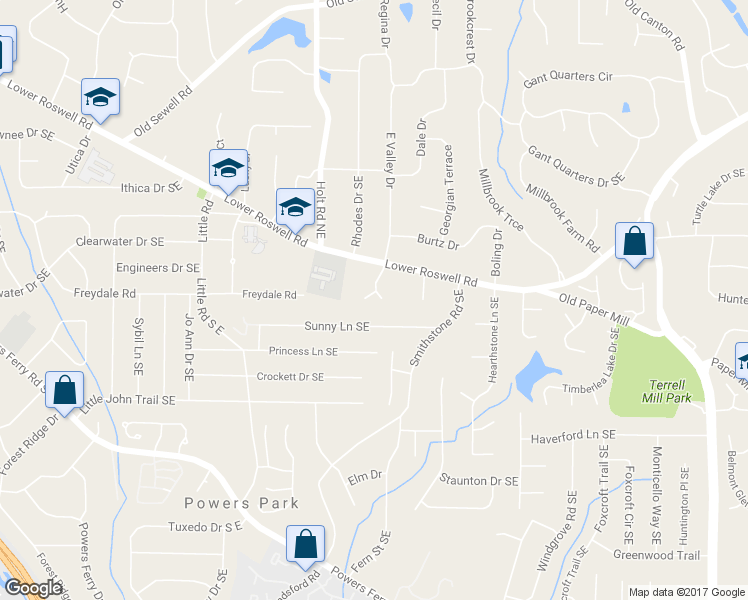 map of restaurants, bars, coffee shops, grocery stores, and more near 2620 Pine Springs Lane Southeast in Marietta