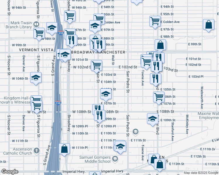 map of restaurants, bars, coffee shops, grocery stores, and more near 149 East 105th Street in Los Angeles