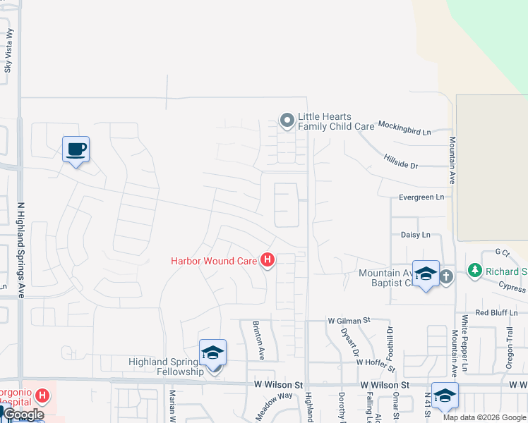 map of restaurants, bars, coffee shops, grocery stores, and more near 5059 Eureka Avenue in Banning