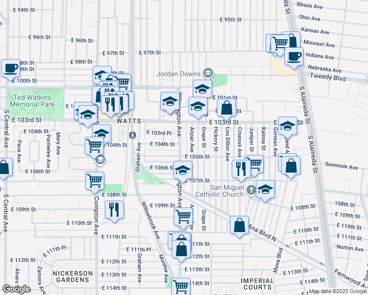 map of restaurants, bars, coffee shops, grocery stores, and more near 10406 Wilmington Avenue in Los Angeles