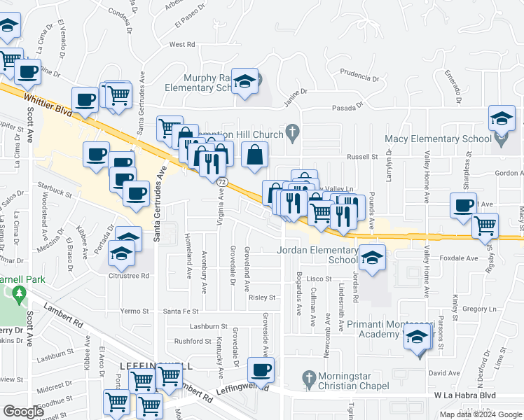 map of restaurants, bars, coffee shops, grocery stores, and more near 10435 Arcade Lane in Whittier