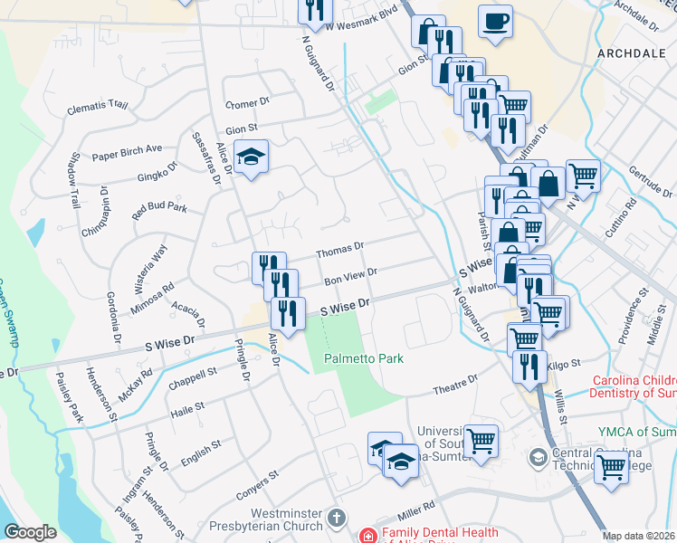 map of restaurants, bars, coffee shops, grocery stores, and more near 109 Bon View Drive in Sumter