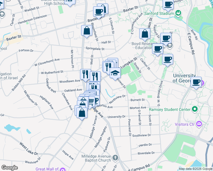 map of restaurants, bars, coffee shops, grocery stores, and more near 120 East Rutherford Street in Athens