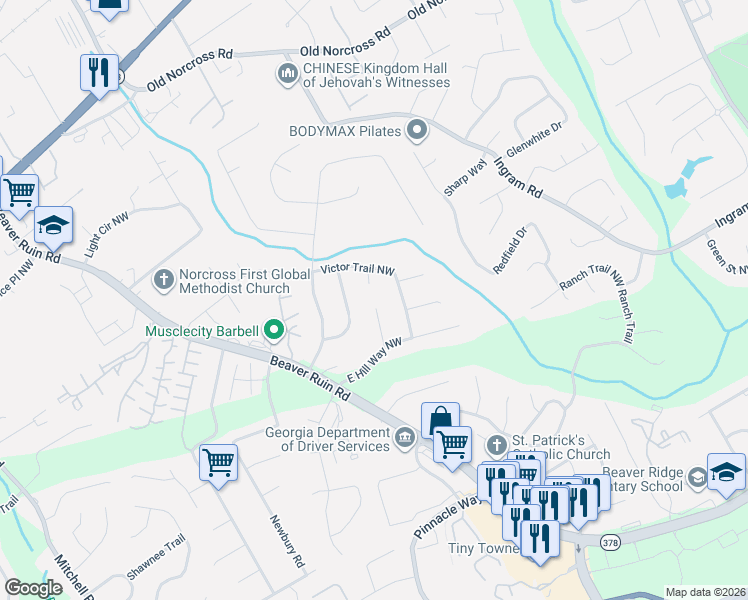 map of restaurants, bars, coffee shops, grocery stores, and more near 2363 Victor Court in Norcross
