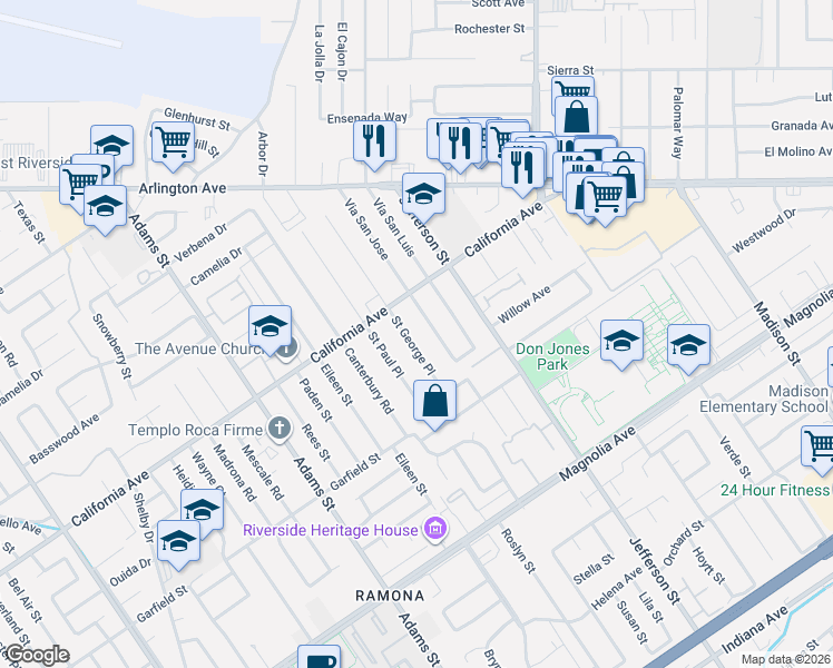 map of restaurants, bars, coffee shops, grocery stores, and more near 4139 Saint George Place in Riverside