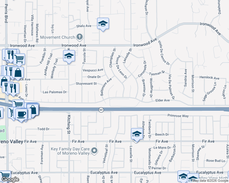 map of restaurants, bars, coffee shops, grocery stores, and more near 12323 Grenville Avenue in Moreno Valley