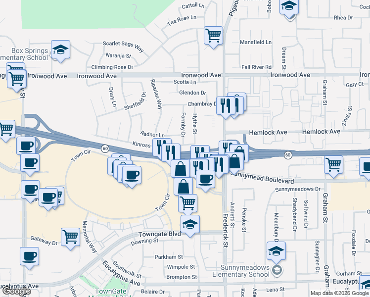 map of restaurants, bars, coffee shops, grocery stores, and more near 22777 Radnor Lane in Moreno Valley