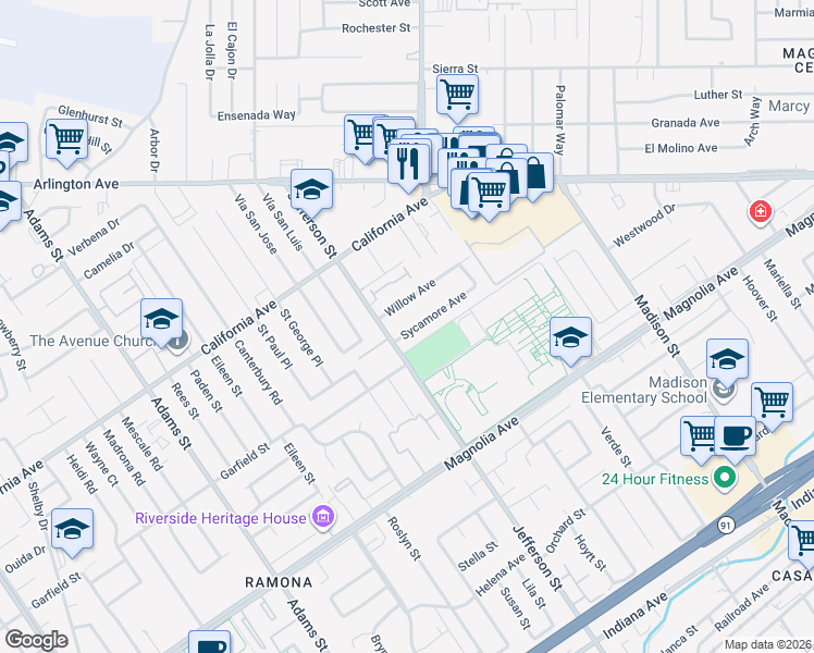map of restaurants, bars, coffee shops, grocery stores, and more near 7823 Sycamore Avenue in Riverside