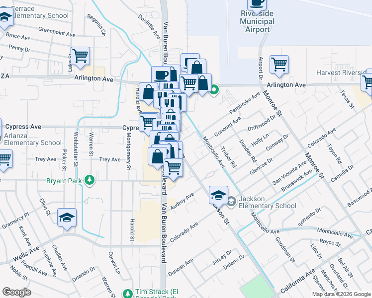 map of restaurants, bars, coffee shops, grocery stores, and more near 4879 Jackson Street in Riverside