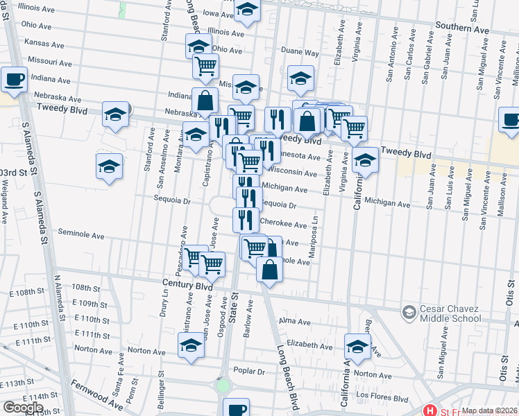 map of restaurants, bars, coffee shops, grocery stores, and more near in Lynwood