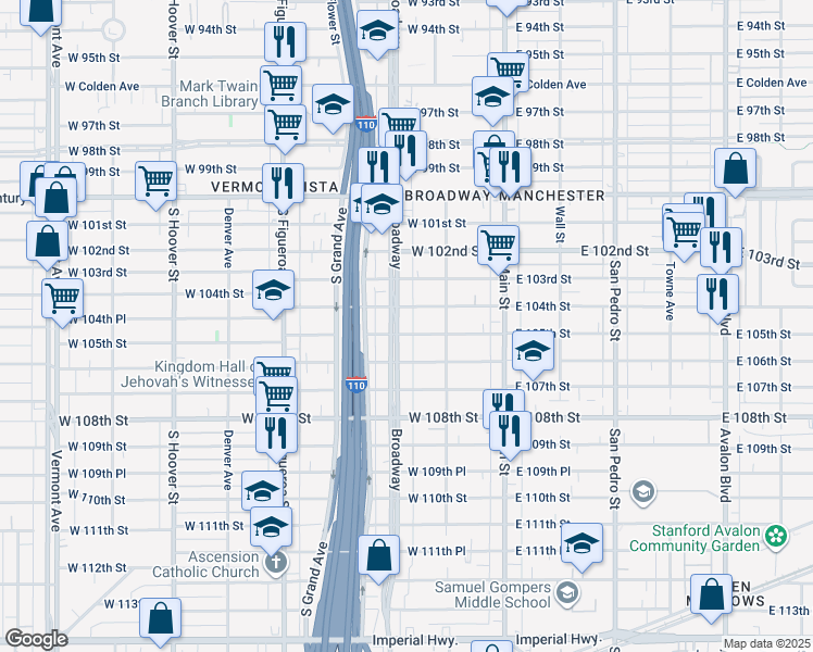 map of restaurants, bars, coffee shops, grocery stores, and more near 3 West 104th Street in Los Angeles