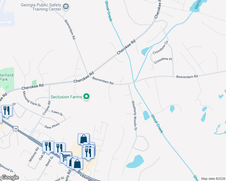 map of restaurants, bars, coffee shops, grocery stores, and more near 105 Pine Creek Way in Winterville