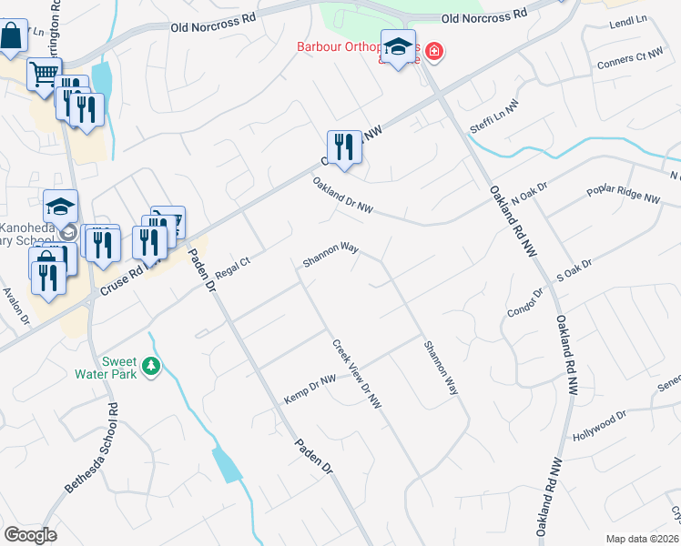 map of restaurants, bars, coffee shops, grocery stores, and more near 737 O'Hara Court in Lawrenceville