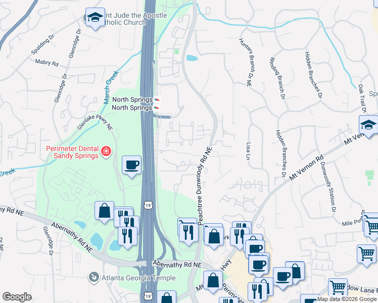 map of restaurants, bars, coffee shops, grocery stores, and more near 900 Peachtree Dunwoody Court Northeast in Atlanta
