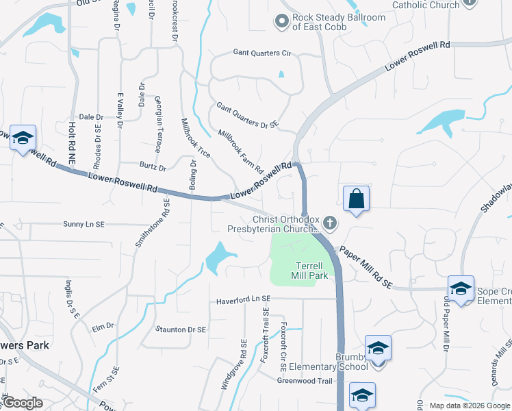 map of restaurants, bars, coffee shops, grocery stores, and more near 3042 Kalah Place in Marietta
