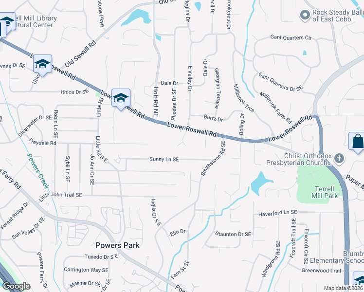 map of restaurants, bars, coffee shops, grocery stores, and more near 2620 Pine Springs Lane Southeast in Marietta
